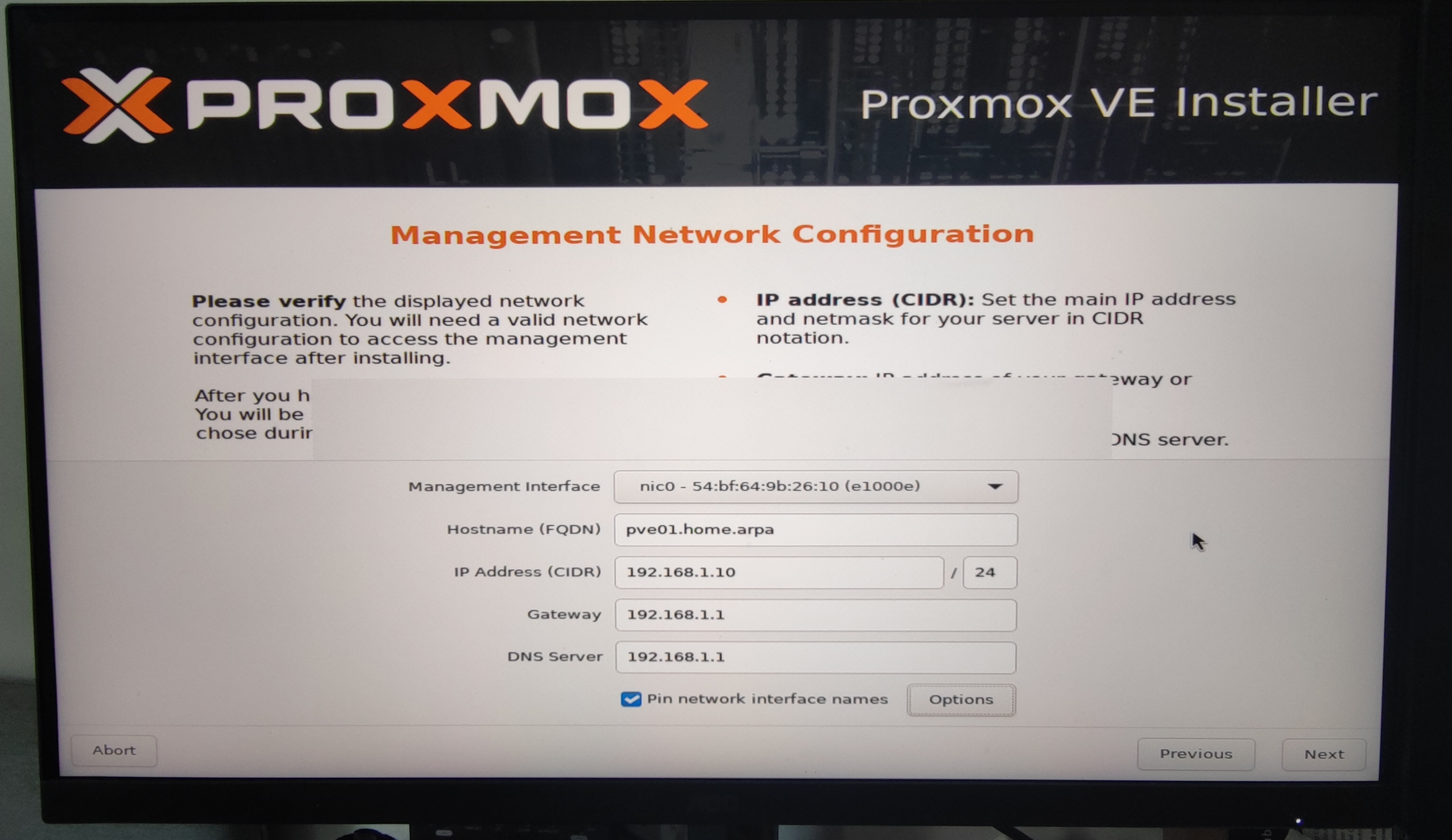Proxmox Installation Network